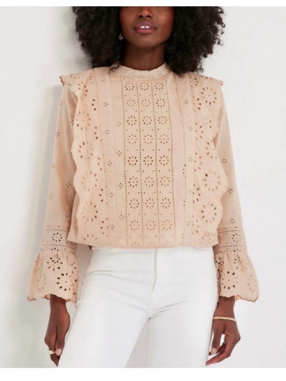 Tuckernuck Hyacinth House Cream Tan Eyelet Long Sleeve Gracelyn Blouse Small NWT